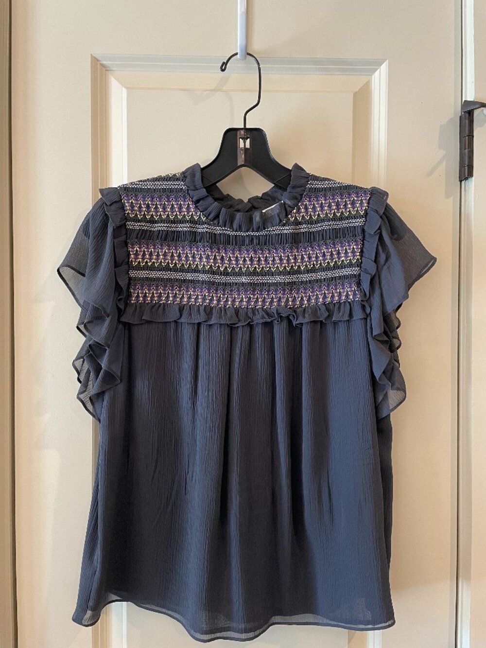 Marie Oliver Smocked Flutter Sleeve Navy Top Size S